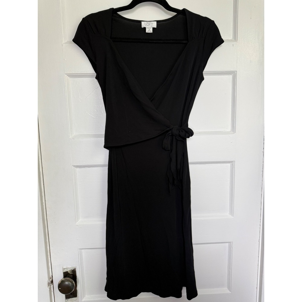 Ann Taylor LOFT Black Faux Wrap Dress Cap Sleeve V-Neck Jersey Knit Size 0